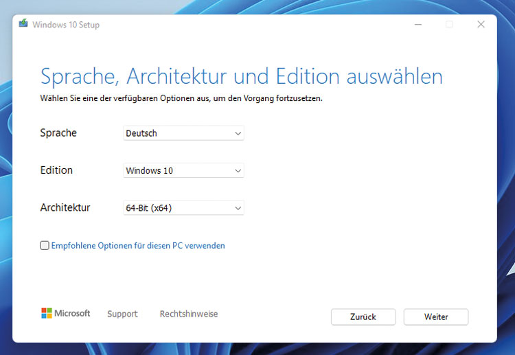 Windows 10 Setup - Empfohlene Optionen