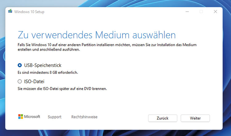 Windows 10 Setup - Medium auswählen