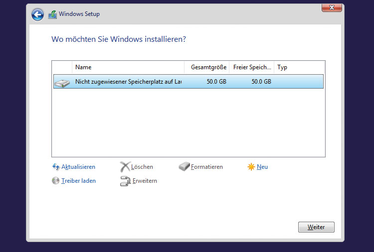 Windows 10 installieren - Laufwerk auswählen