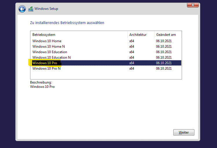 Windows 10 installieren - Betriebssystem wählen
