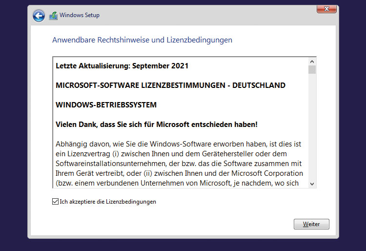Windows 10 installieren - Lizenzbedingungen
