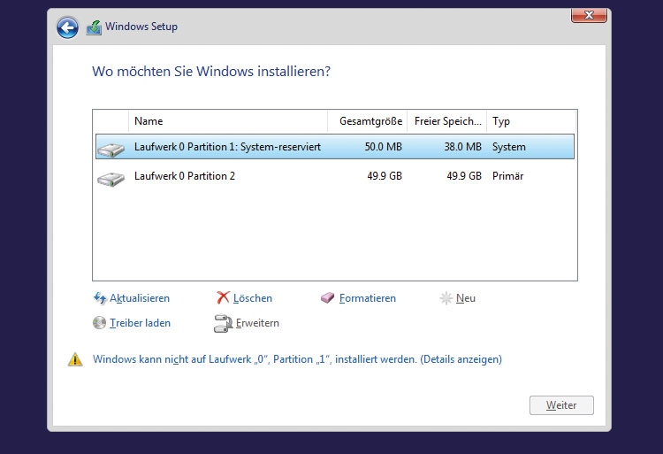 Windows 10 installieren - Partitionen löschen