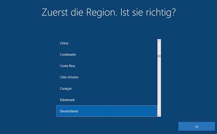 Windows 10 einrichten - Region auswählen