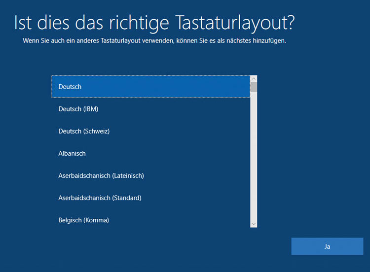 Windows 10 einrichten - Tastaturlayout wählen