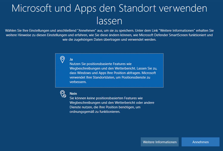 Windows 10 einrichten - Dienste auswählen