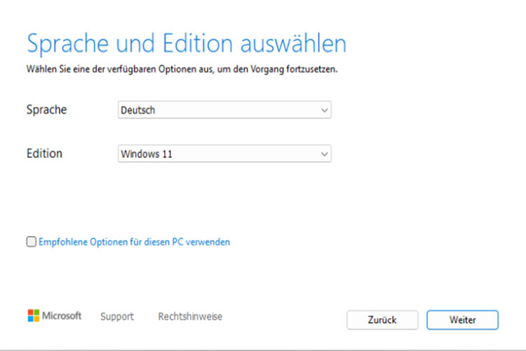 Windows 11 - Sprache und Edition auswählen