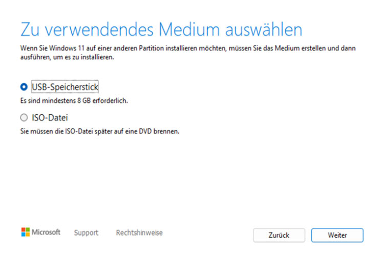 Windows 11 - Medium auswählen