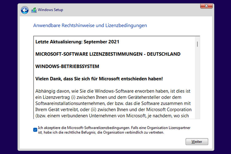 Windows 11 - Lizenzbedingungen akzeptieren