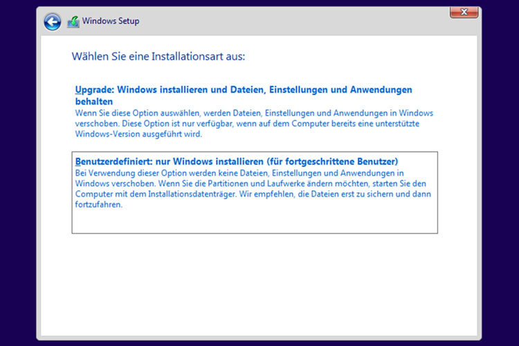 Windows 11 - Benutzerdefinierte Installationsart